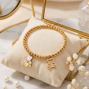 Whimsical 18K Gold Plated Stainless Steel Bear Charm Beaded Trendy Bracelet